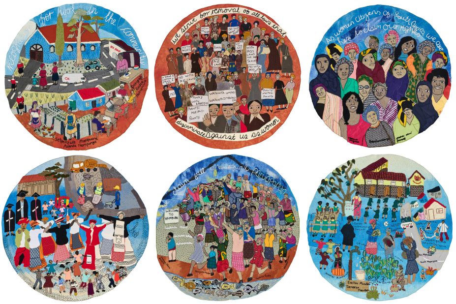 "Women's Charter Tapestries," a series of circular works commissioned for the Women's Living Heritage Monument in Tshwane in 2016. Each of the 12 tapestries reference the Women's Charters of 1954 and 1994, and clauses the artists created for themselves in 2016,  say the curators, reflecting the themes of equality and freedom for women in South Africa. The tapestries with a muted color pallete denote 1954, while the more vibrant works denote more recent times. The Keiskamma Art Project says the work's message is that freedom cannot be won for a section of the population while women remain oppressed.