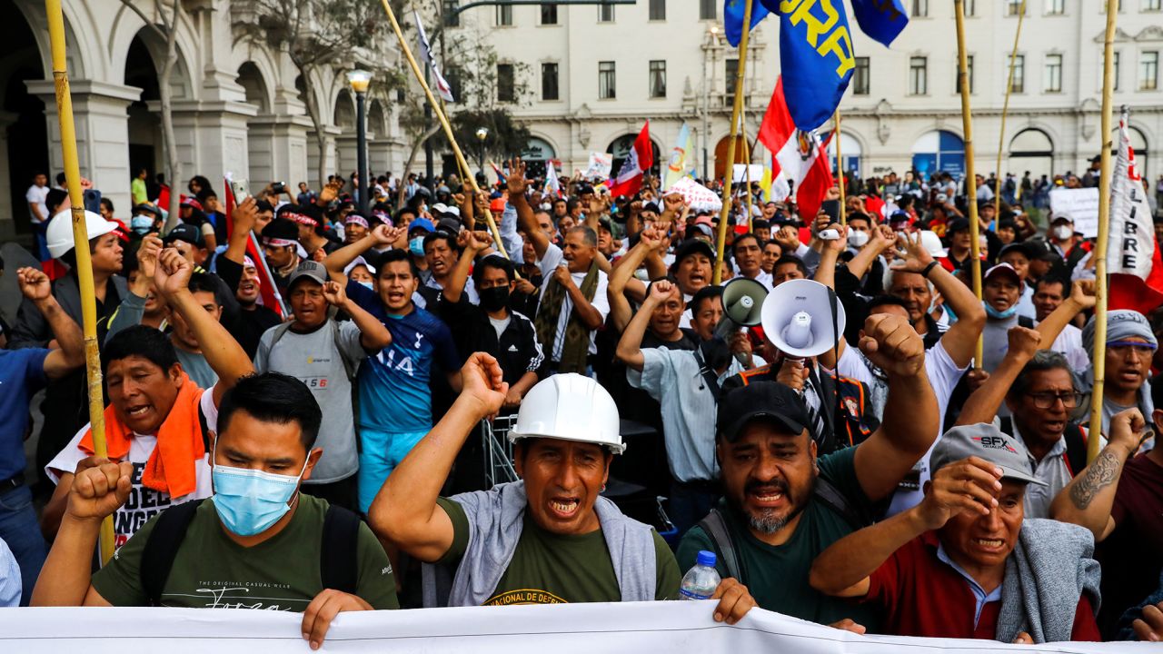 Demonstrators continue to protest despite a government proposal to bring forward elections following the ouster of Peruvian leader Pedro Castillo, in Lima, Peru on December 13, 2022. 