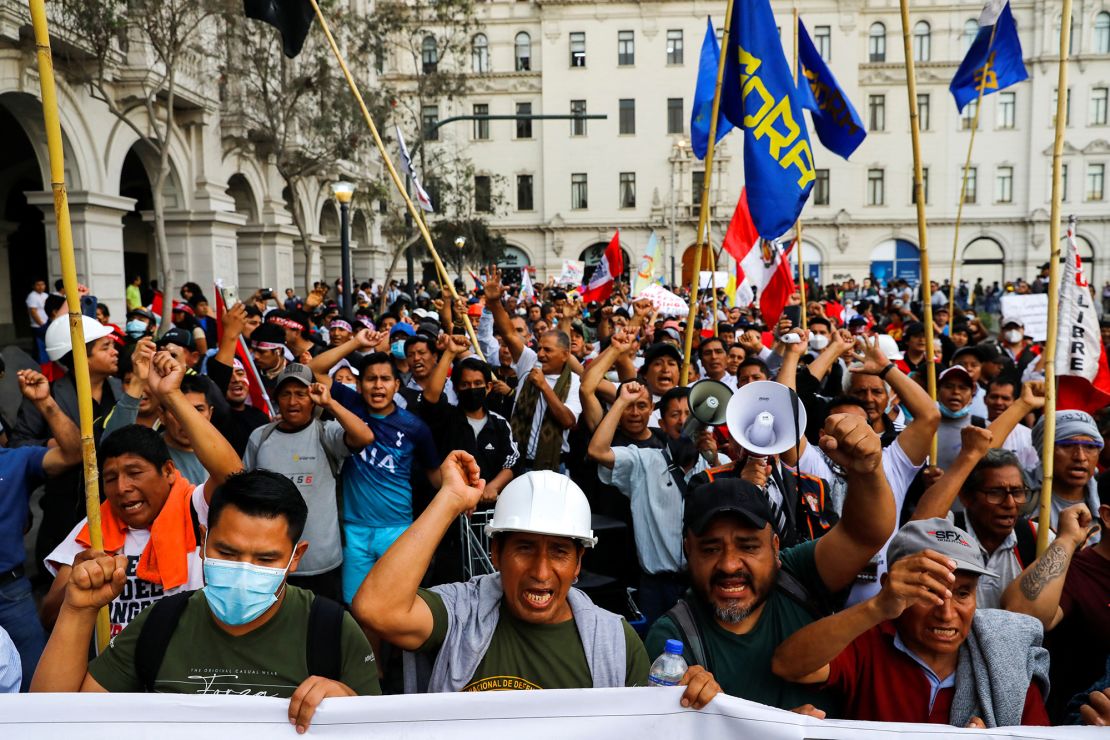 Demonstrators continue to protest despite a government proposal to bring forward elections following the ouster of Peruvian leader Pedro Castillo, in Lima, Peru on December 13, 2022. 