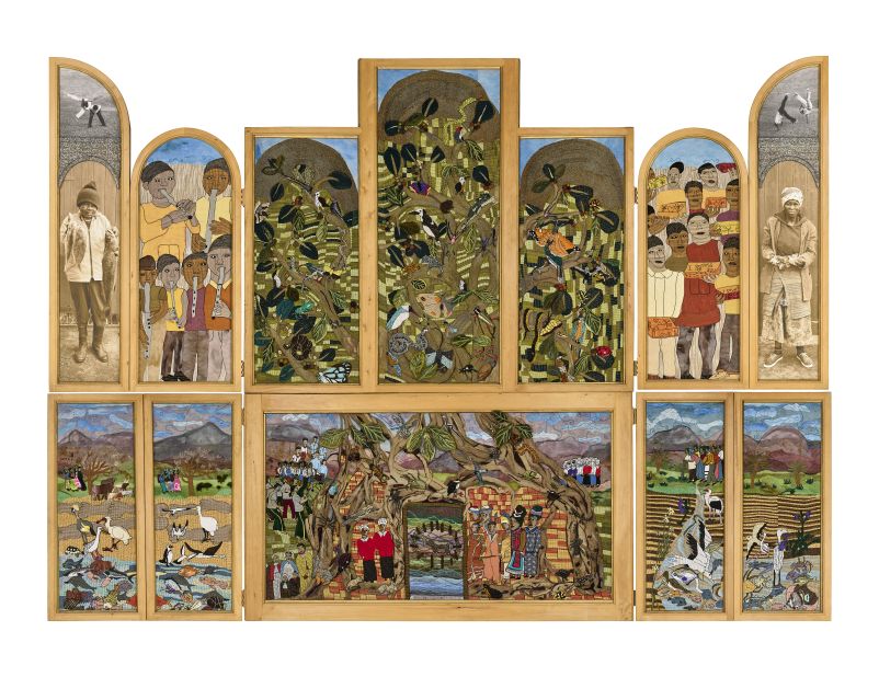 The "Creation Altarpiece" (2007) is a work in dialogue with the "Ghent Altarpiece" (1432) by brothers Hubert and Jan van Eyck. The artwork created in Hamburg deviates significantly from the van Eycks', featuring embroidered musicians and myriad birds, as well as photographs. Beyond the two altarpieces' shape, they do share one distinct similarlity: both contain a central animal. In the "Ghent Alterpiece" it is the lamb of God, in Hamburg it is a traditional Xhosa sacrificial bull, say the curators.