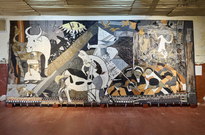 Among the project's most famous and evocative works is the "Keiskamma Guernica" (2010). The 3.5 x 7.8-meter (11.5 x 26.6-foot) work invokes Pablo Picasso's painting "Guernica," which depicts the destruction of the titular town in 1937, during the Spanish Civil War. The exhibition curators describe the "Keiskamma Guernica" as expressing searing sorrow and rage, depicting the devastating impact of HIV/AIDS on the Hamburg community. 