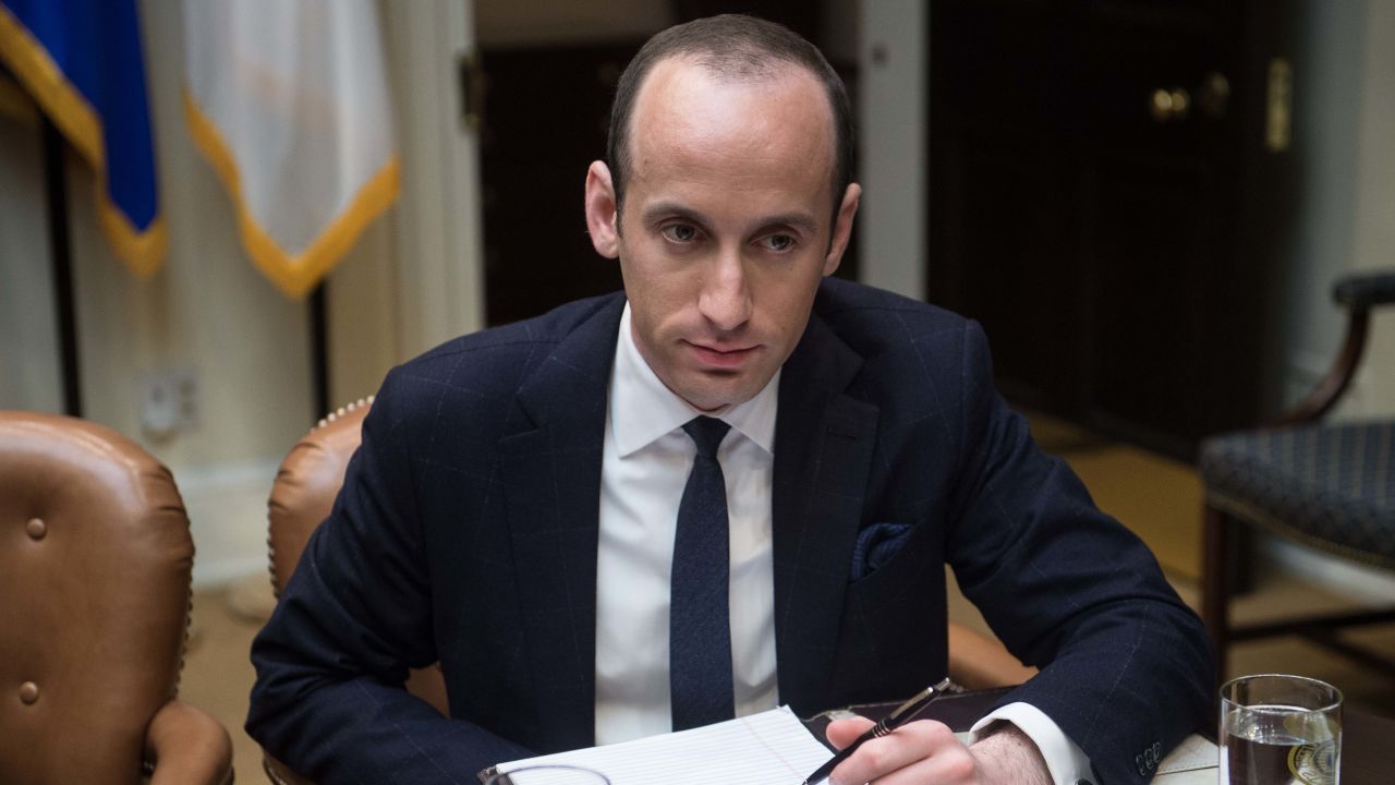 Then-White House Senior Adviser Stephen Miller attends a meeting between US President Donald Trump and small business leaders in the Roosevelt Room at the White House in Washington, DC, on January 30, 2017.