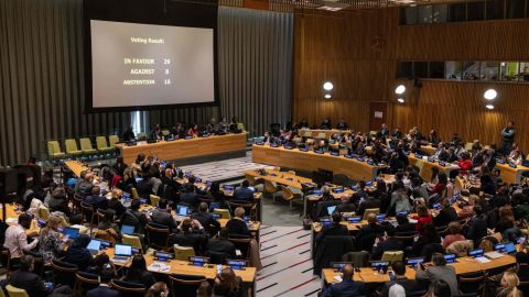 Member countries vote on the removal of Iran from membership in the Commission on the Status of Women during the 5th plenary meeting of the Economic and Social Council at the United Nations headquarters in New York City on December 14, 2022. 