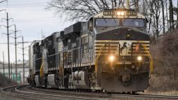 A Norfolk Southern freight train pulled by Locomotive 7565, a GE ES44DC Evolution Series diesel locomotive, travels East. At the railroad tracks running parallel to Penn Ave in the 1400 block Wednesday morning January 27, 2021.