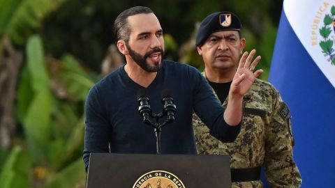 El Salvador's President Nayib Bukele speaks to around 14,000 soldiers in El Salvador.
