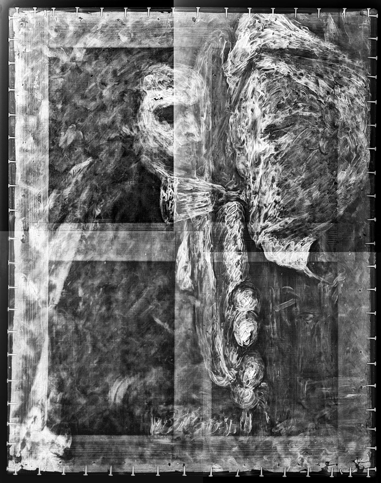 The X-ray image, shown here in full, reveals the presence of white lead, which was used as a pigment.