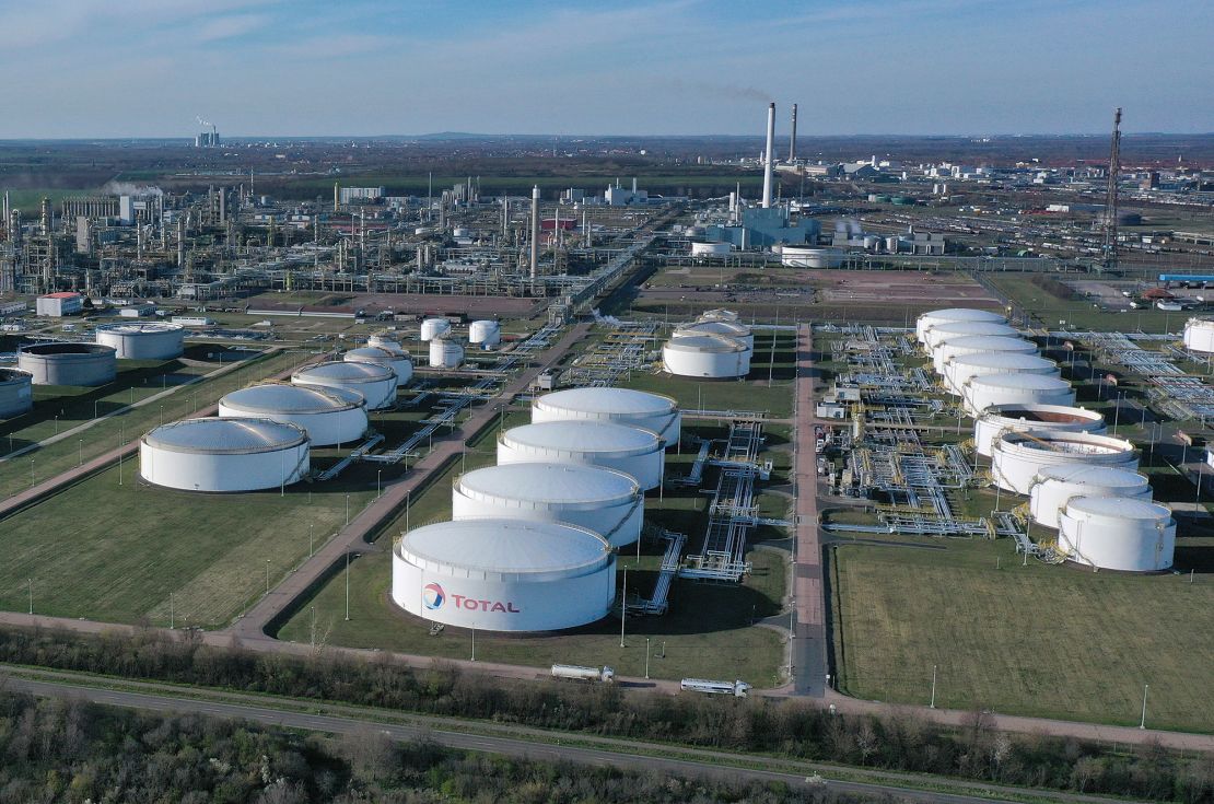 The TotalEnergies Leuna oil refinery, which is owned by French energy company Total, stands on April 12, 2022 near Spergau, Germany. 