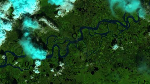 Les données du SWOT viendront compléter le système développé par l'USGS pour mesurer la montée et le débit des rivières de l'Alaska qui n'étaient jusqu'alors pas surveillées.  Le satellite Landsat a capturé cette image du fleuve Yukon près du village de Stevens, en Alaska.