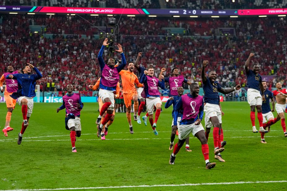 French players celebrate after defeating Morocco 2-0 in the World Cup semifinals on Wednesday, December 14.