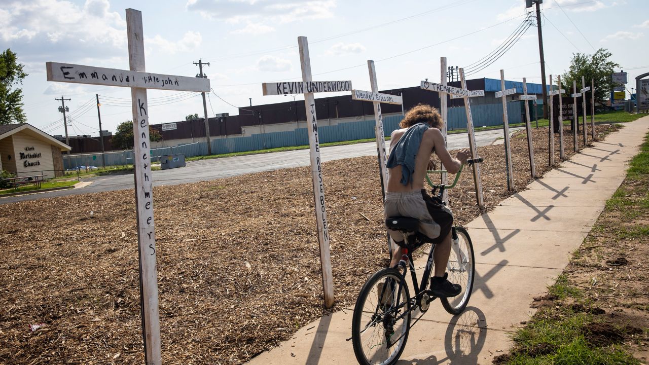 Crosses on the front lawn of the Clark Memorial United Methodist Church in Oklahoma City represent people the state is scheduled to execute.