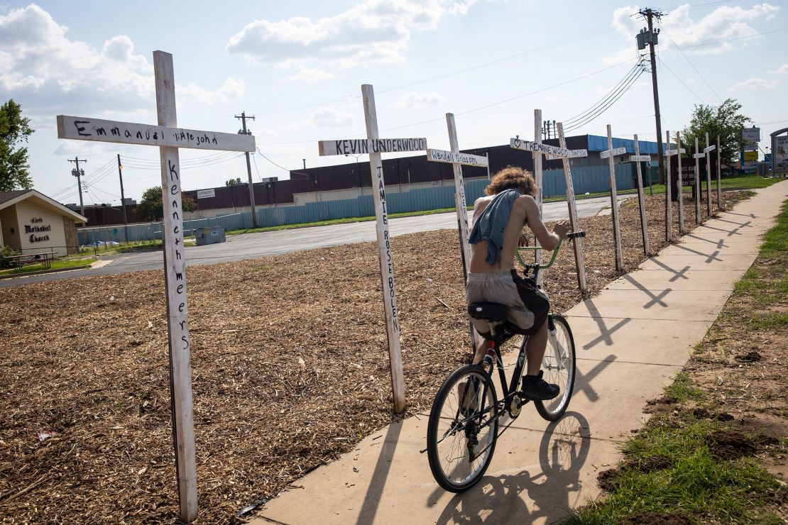 Crosses on the front lawn of the Clark Memorial United Methodist Church in Oklahoma City represent people the state is scheduled to execute.