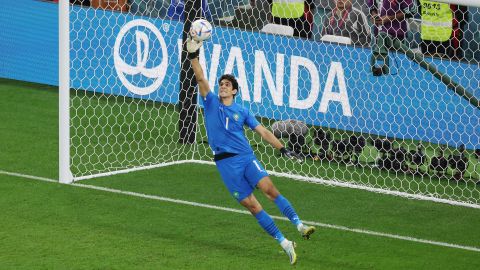 Wanda's logo is visible behind Morocco's Yassine Bounou during his team's quarterfinal against Portugal.