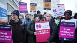 Members of the Royal College of Nursing (RCN) on the picket line outside St Thomas' Hospital in London as nurses in England, Wales and Northern Ireland take industrial action over pay. Picture date: Thursday December 15, 2022. (Photo by Stefan Rousseau/PA Images via Getty Images)