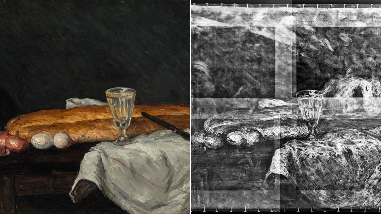 Here, the X-ray image has been flipped horizontally for a side-by-side comparison with "Still Life with Bread and Eggs."