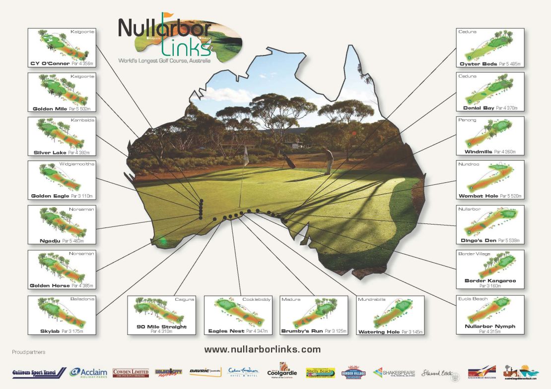 Een kaart van de Nullarbor Links Course, die loopt van Ceduna (R) naar Kalgoorlie (L).