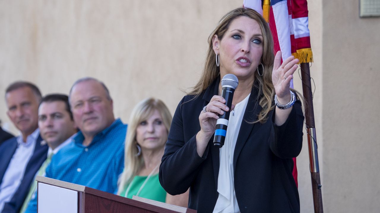 Republican National Committee Chair Ronna McDaniel speaks while joining Republican National Committee, the California Republican Party and top Orange County Republican Candidates at a rally ahead of the November elections in Newport Beach on September 26, 2022. 