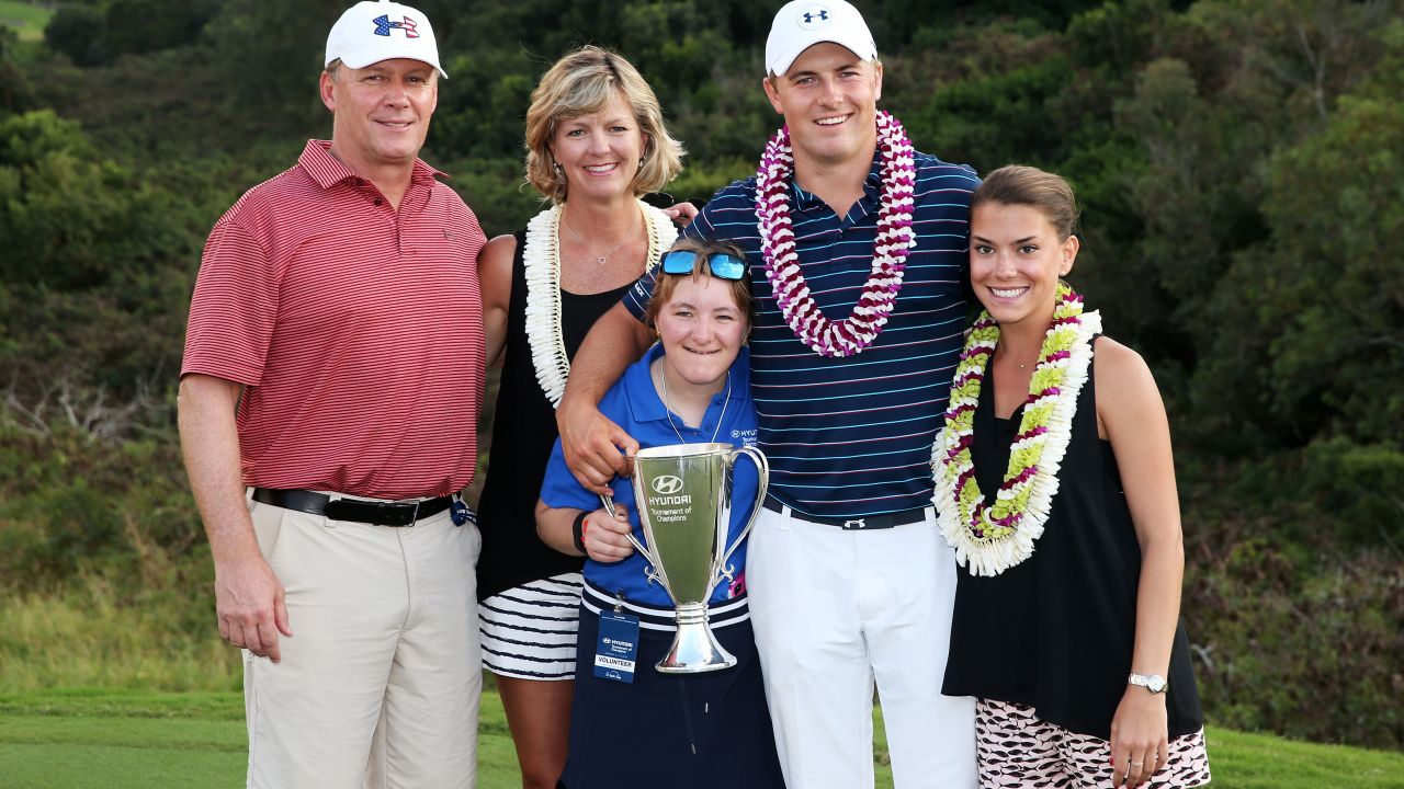 Spieth celebrates his Hyundai Tournament of Champions win in Hawaii with his mother Christine, father Shawn, sister Ellie, and then-girlfriend, now wife, Annie. (L-R) 
