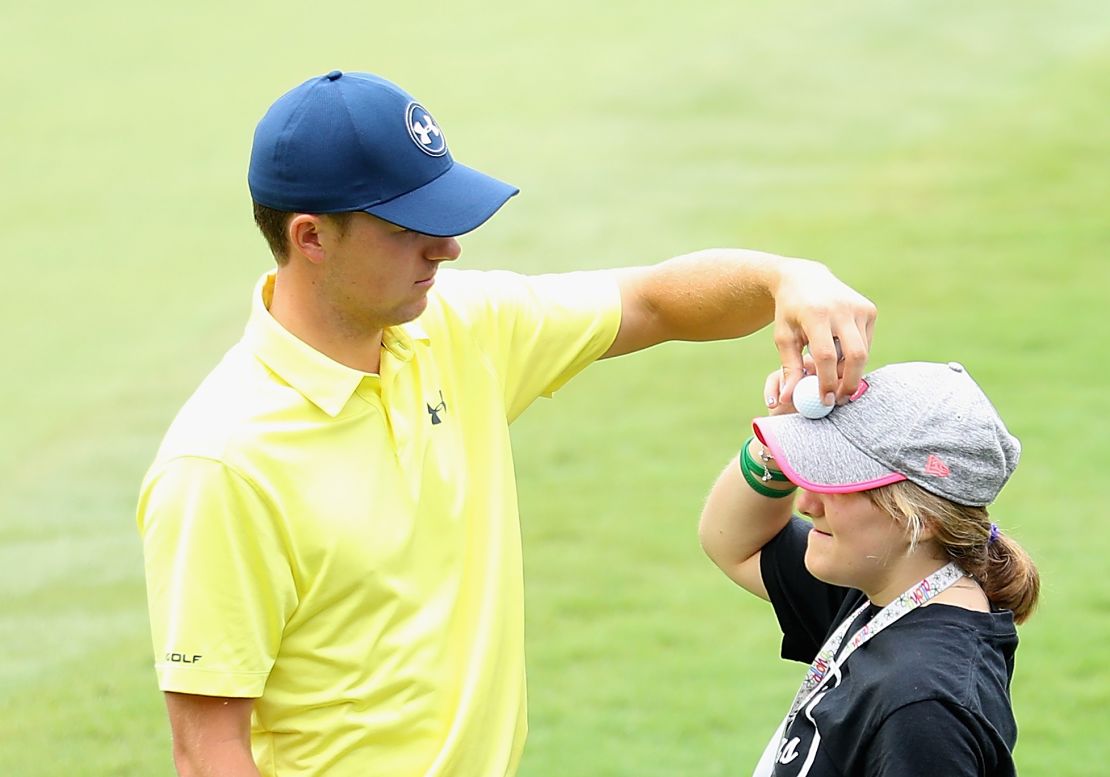 CHARLOTTE, NC - AUGUST 08:  Jordan Spieth talks with his sister Ellie Spieth during a practice round prior to the 2017 PGA Championship at Quail Hollow Club on August 8, 2017 in Charlotte, North Carolina.  (Photo by Warren Little/Getty Images)