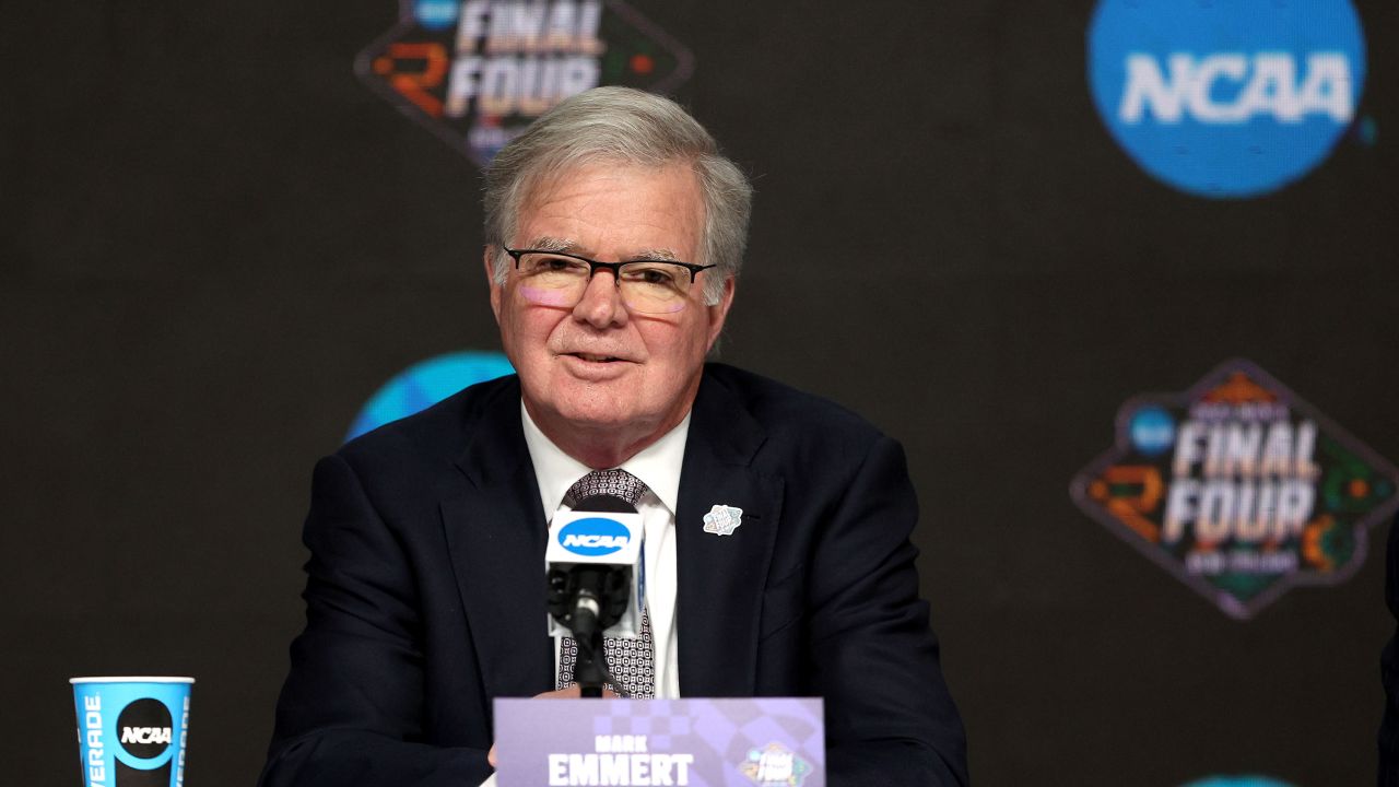 Outgoing NCAA president Mark Emmert speaking at a press conference for the  before the 2022 Men's Final Four on March 31 in New Orleans.