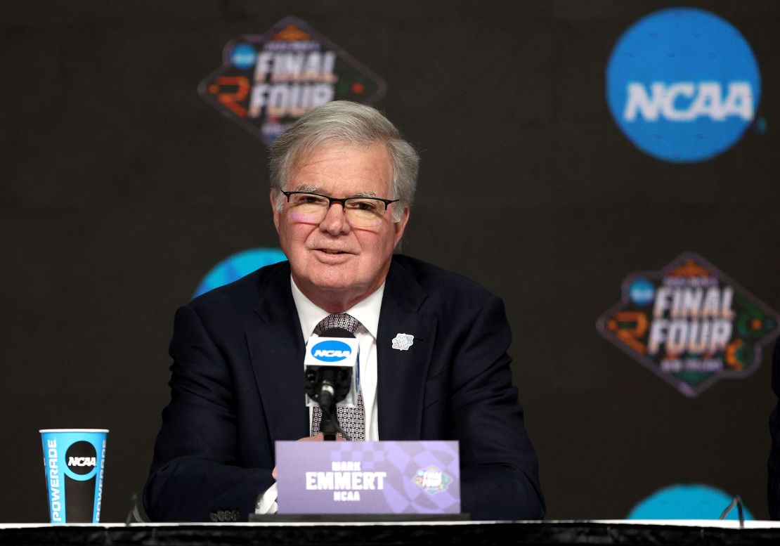 Outgoing NCAA president Mark Emmert speaking at a press conference for the  before the 2022 Men's Final Four on March 31 in New Orleans.