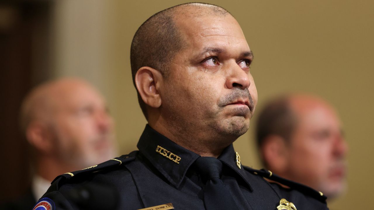 U.S. Capitol Police officer Sgt. Aquilino Gonell becomes emotional as he testifies before the House Select Committee investigating the Jan. 6 attack on Capitol Hill in Washington, U.S., July 27, 2021.  Oliver Contreras/Pool via REUTERS