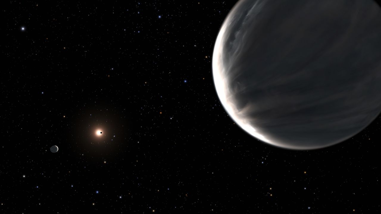 In this illustration, exoplanet Kepler-138 d is in the foreground and Kepler-138 c is on the left. The low densities of Kepler-138 c and Kepler-138 d indicate that they must be composed largely of water.