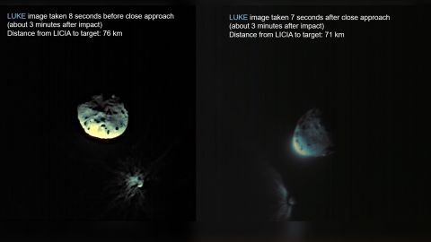 Italský CubeSat LICIACube pořídil tyto snímky asi 3 minuty poté, co DART narazil na Dimorphos. 