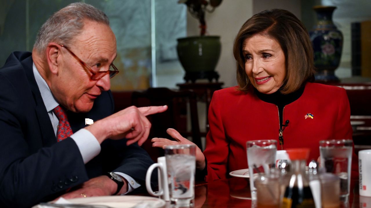 Speaker of the House Nancy Pelosi and Senate Majority Leader Chuck Schumer sit down for lunch and an exclusive interview at Hunan Dynasty restaurant in Washington DC on December 15, 2022.