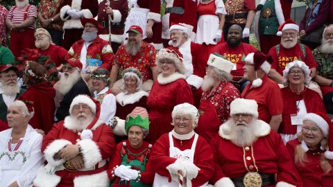 Dozens of Santas and Mrs. Clauses from around the US gather in a scene from the new HBO film 