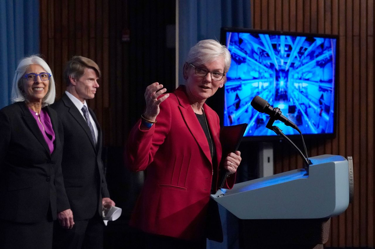 US Energy Secretary Jennifer Granholm discusses a <a href="https://www.cnn.com/2022/12/13/us/energy-officials-announce-nuclear-fusion-climate-scn/index.html" target="_blank">major scientific breakthrough in fusion research</a> during a news conference in Washington, DC, on Tuesday, December 13. US scientists for the first time successfully produced more energy from a nuclear fusion experiment than the laser energy used to power it. It's a major step in a decadeslong attempt to source clean, limitless energy from nuclear fusion — the reaction that happens when two or more atoms are fused together. 