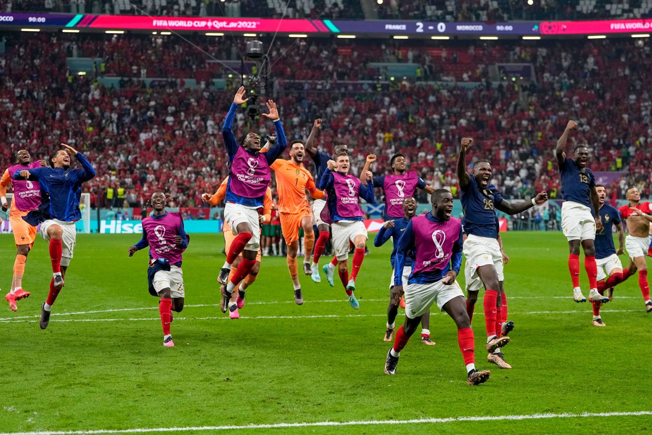 French players celebrate after defeating Morocco 2-0 in the World Cup semifinals on Wednesday, December 14. France is seeking its second straight World Cup title.