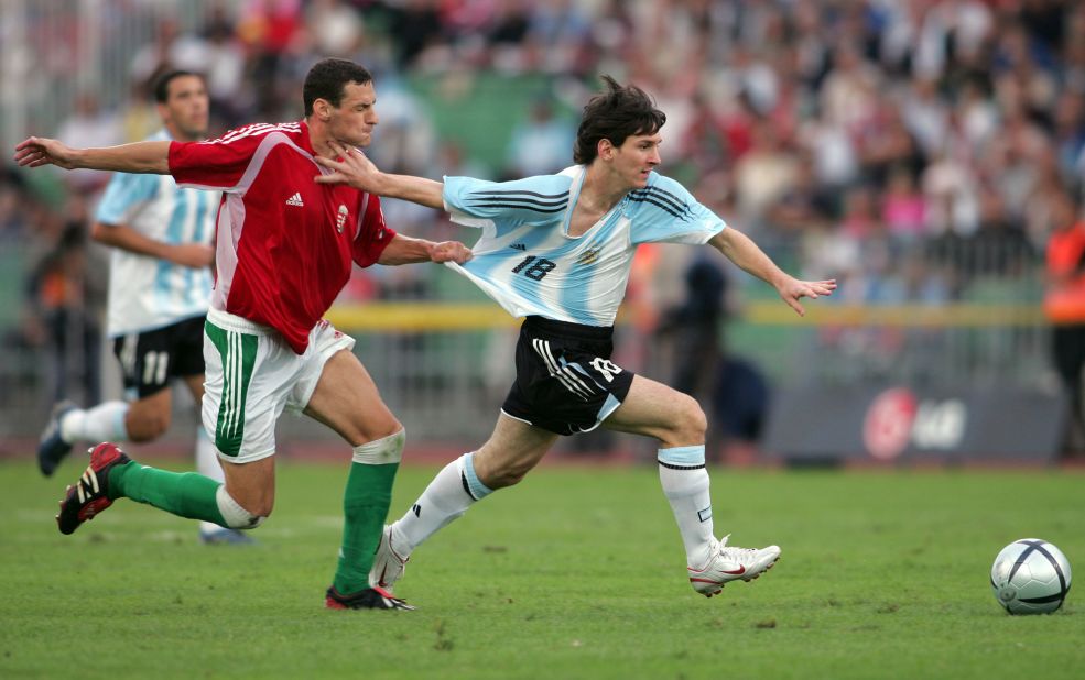 Messi makes his Argentina debut against Hungary in August 2005. He came on in the 63rd minute but was given a red card after just two minutes for a perceived elbow against a defender.