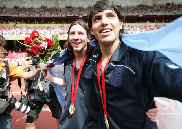 Messi, left, and Argentina teammate Sergio Agüero celebrate after winning gold at the Beijing Olympics in 2008.