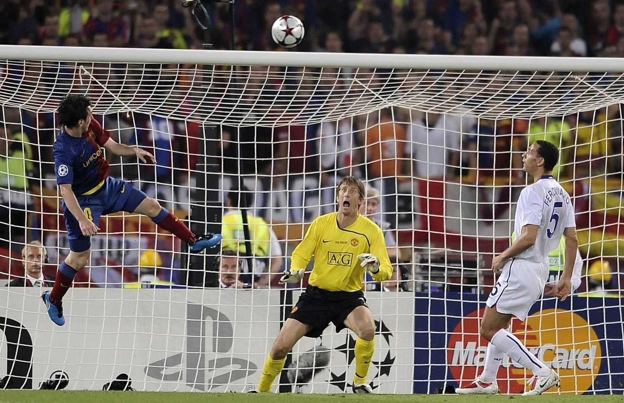 Messi leaps for a header, scoring a goal in the Champions League final against Manchester United in May 2009. Barcelona won 2-0.