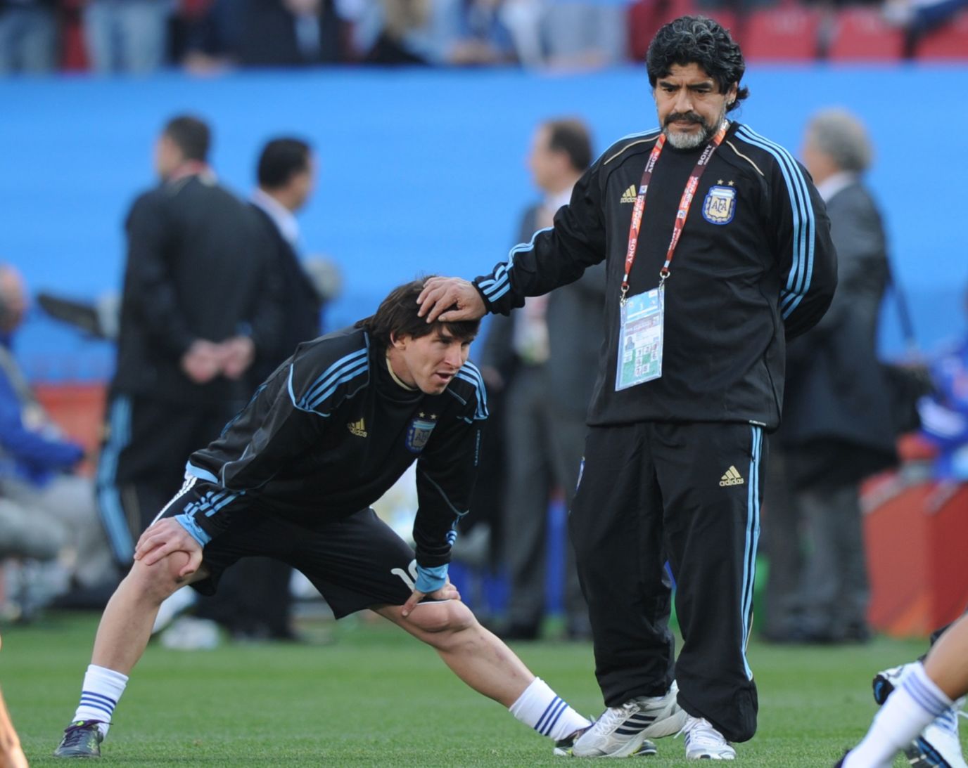 <a href="http://www.cnn.com/2020/11/25/football/gallery/diego-maradona/index.html" target="_blank">Argentina legend Diego Maradona</a> touches Messi's head prior to a World Cup match in South Africa in 2010. Maradona was Argentina's coach for the tournament. Argentina lost to Germany in the quarterfinals, just as it did in 2006.
