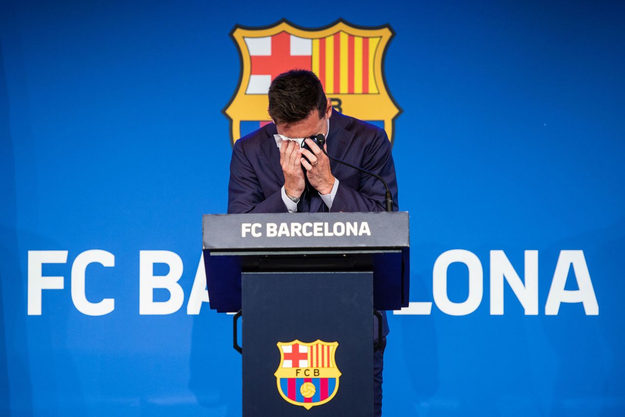 Messi bids a tearful farewell to Barcelona after it was announced in August 2021 that he would be leaving the club after more than 20 years. Messi won 10 league titles and four Champions League titles with Barcelona.
