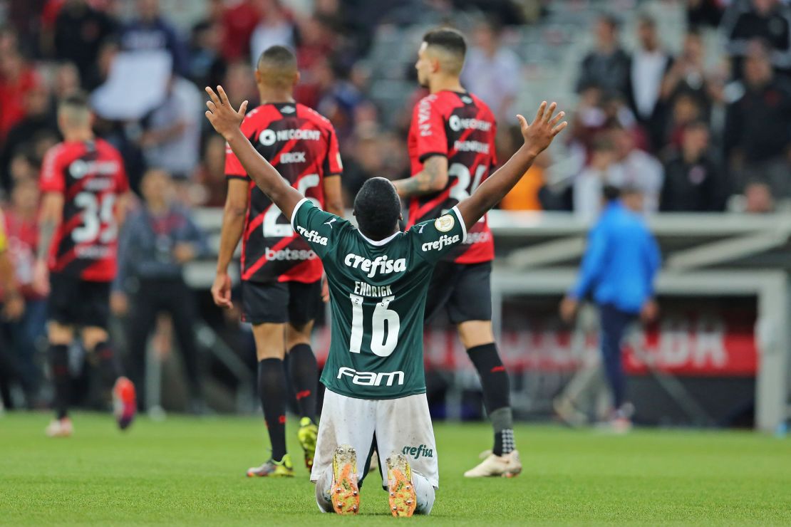 Endrick of Palmeiras celebrates after winning Palmeiras' match against Athletico Paranaense at Arena da Baixada Stadium on October 25, 2022 in Curitiba, Brazil.
