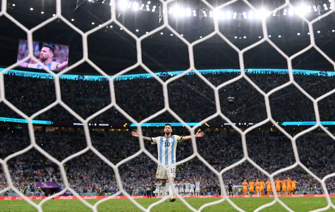 Messi celebrates after scoring during Argentina's shootout victory over the Netherlands in the World Cup quarterfinals in December 2022.