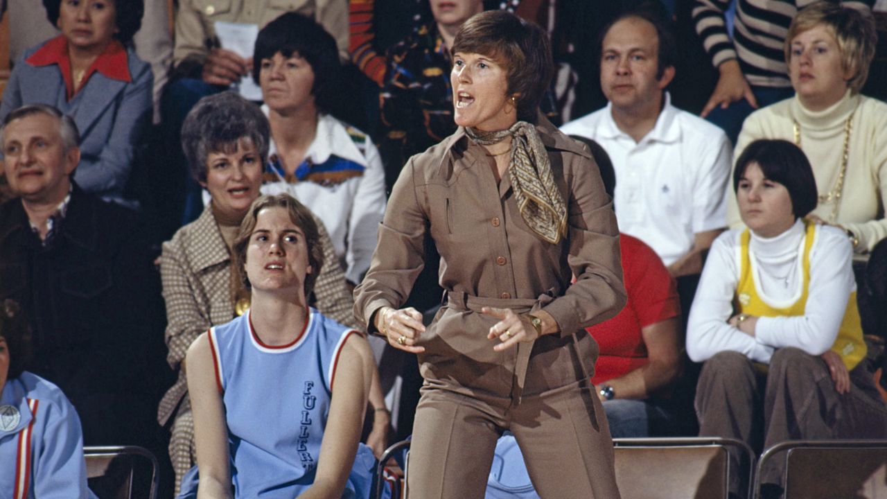 Cal State Fullerton head coach Billie J. Moore on the sidelines of a game in 1977.