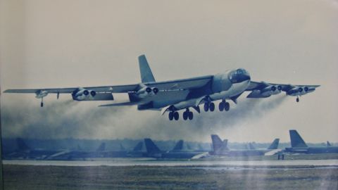 A B-52 bomber takes off from Andersen Air Force Base in support of Linebacker II.