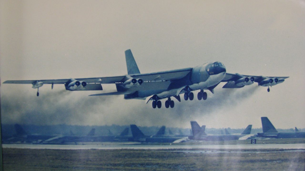 A B-52 bomber takes off from Andersen Air Force Base in support of Linebacker II.