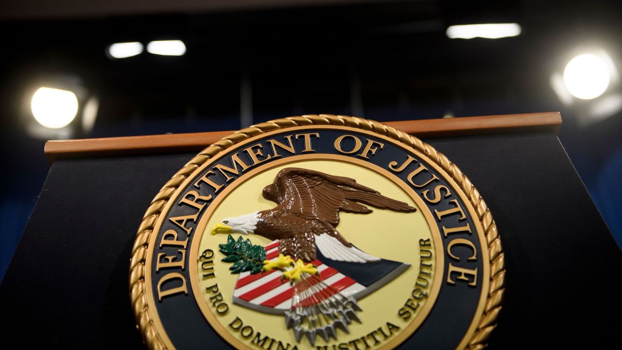 A view of the lectern before Attorney General William Barr holds a news conference at the Department of Justice in Washington, DC, on April 18, 2019.