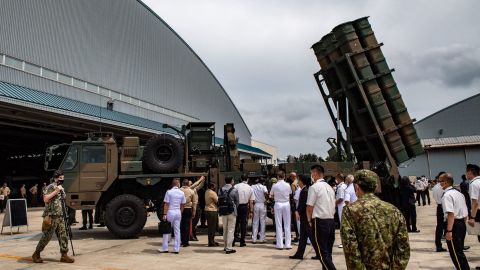 A Type 12 surface-to-ship missile launcher unit is displayed for military service members from 18 countries on the sidelines of the Pacific Amphibious Leaders Symposium 2022, at the Japan Ground Self-Defense Force's Camp Kisarazu on June 16, 2022.