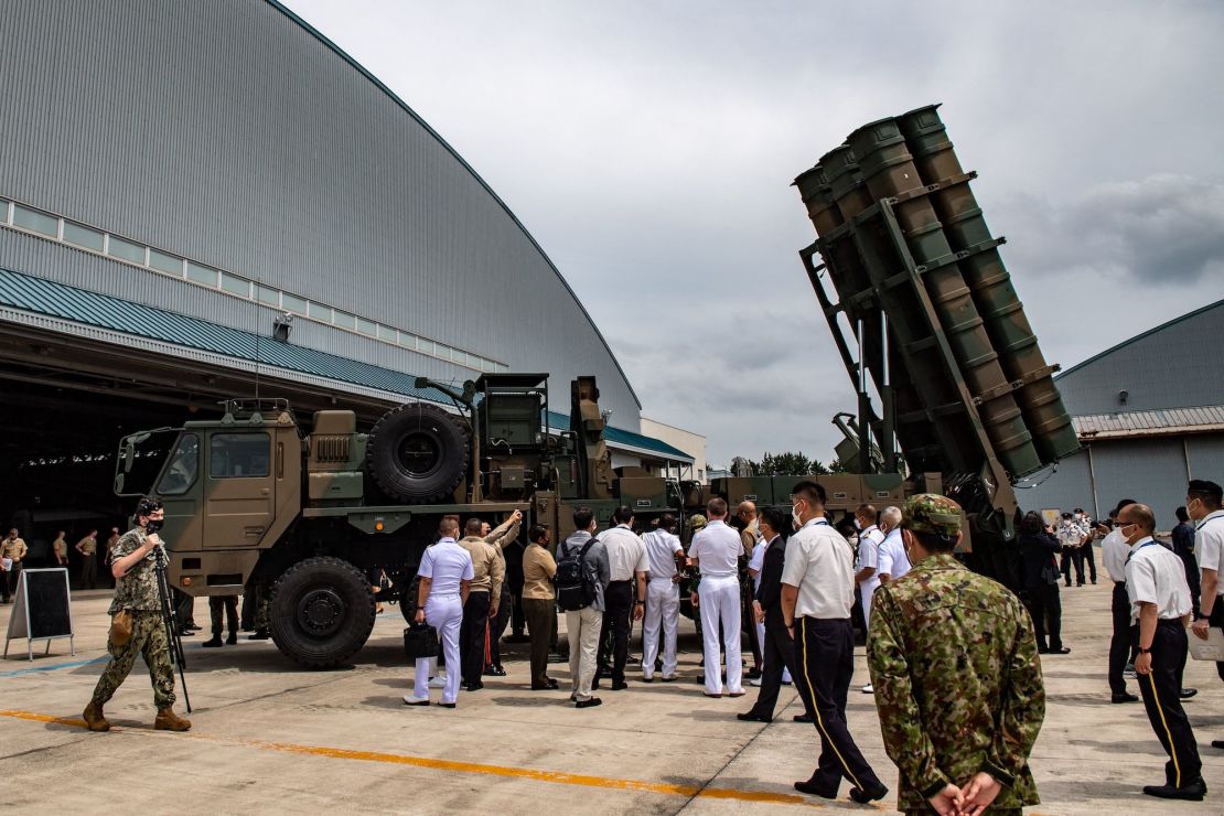 A Type 12 surface-to-ship missile launcher unit is displayed for military service members from 18 countries on the sidelines of the Pacific Amphibious Leaders Symposium 2022, at the Japan Ground Self-Defense Force's Camp Kisarazu on June 16, 2022.