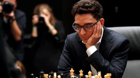Caruana during his first match against Carlsen at the 2018 World Chess Championship.