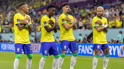 Vinicius Junior of Brazil dancing with Raphinha, Lucas Paqueta and Neymar after scoring the team's first goal against South Korea.