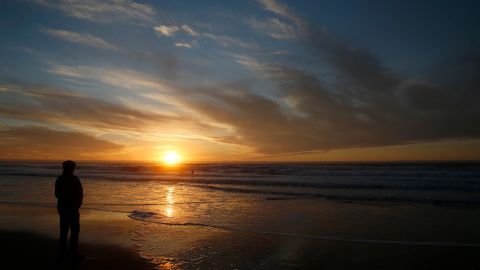 The sun sets at Ocean Beach in San Francisco on the winter solstice 2020.  