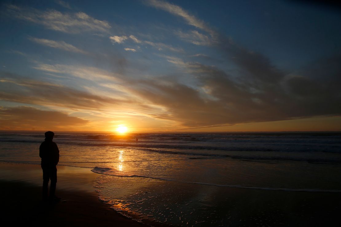 The sun sets at Ocean Beach in San Francisco on winter solstice 2020.  