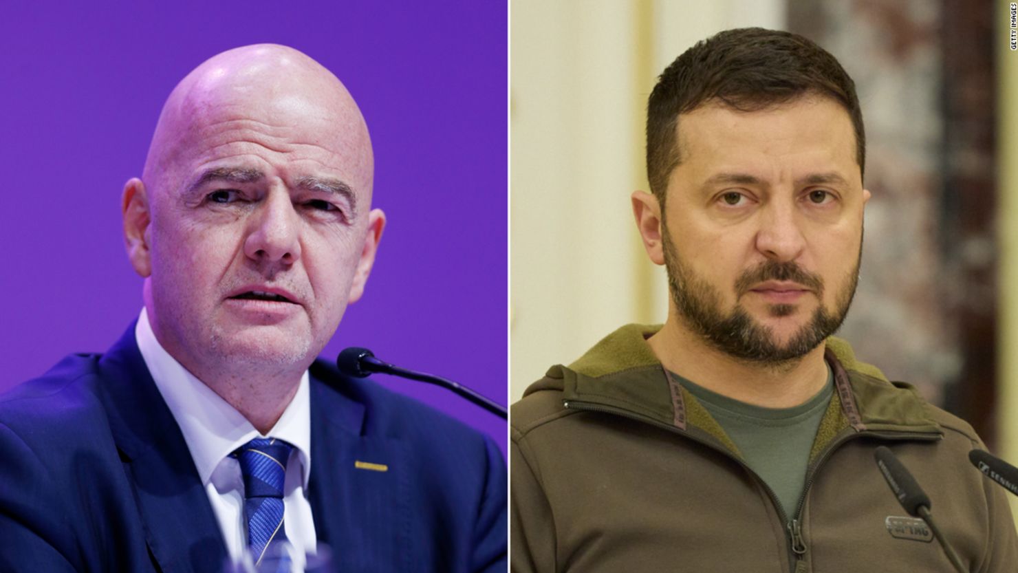 FIFA boss Gianni Infantion (left) and Ukraine President Volodymy Zelensky (right).