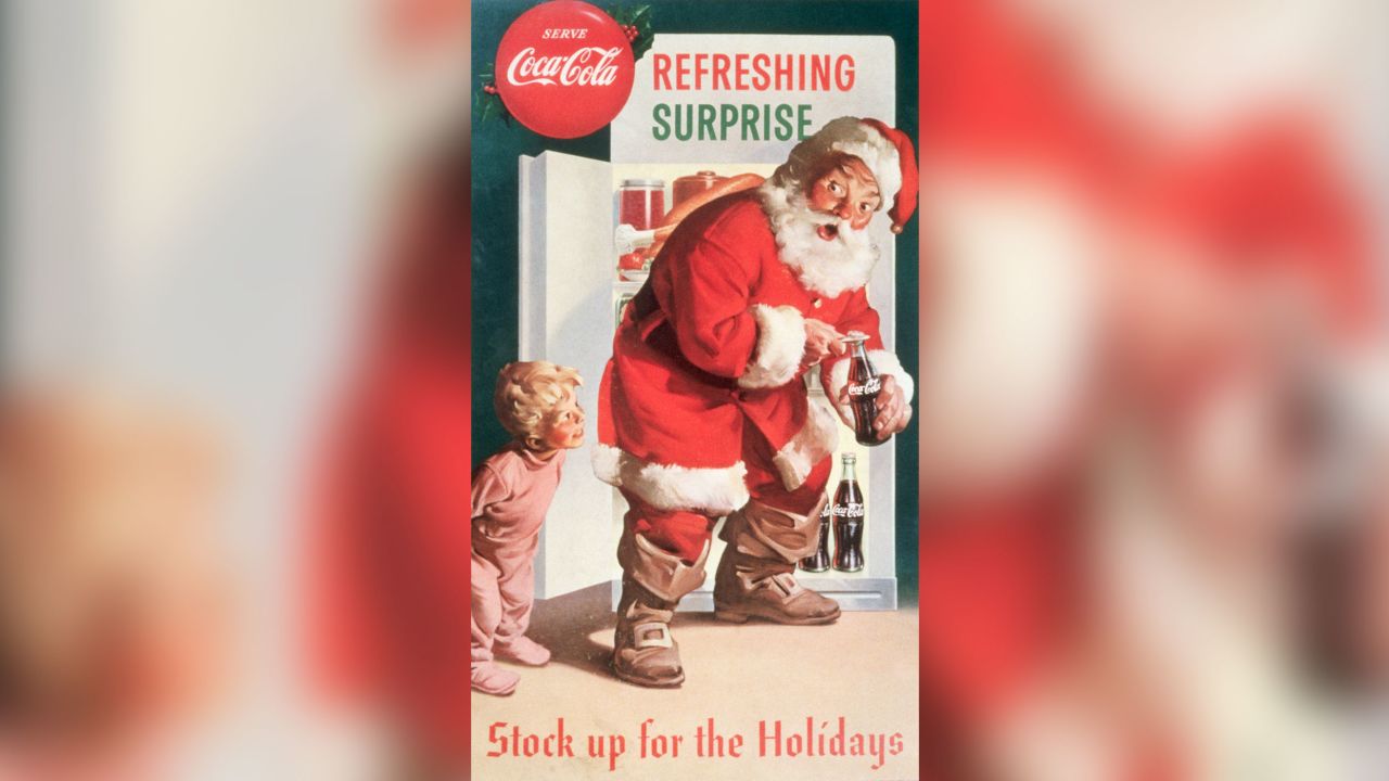An undated Coca-Cola advertising poster shows a young boy surprising Santa Claus. 